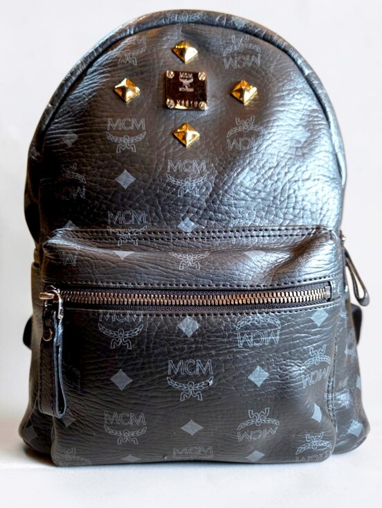 MCM Handbags - MCM BackPack Black Visetos Leather Logo Gold Studs